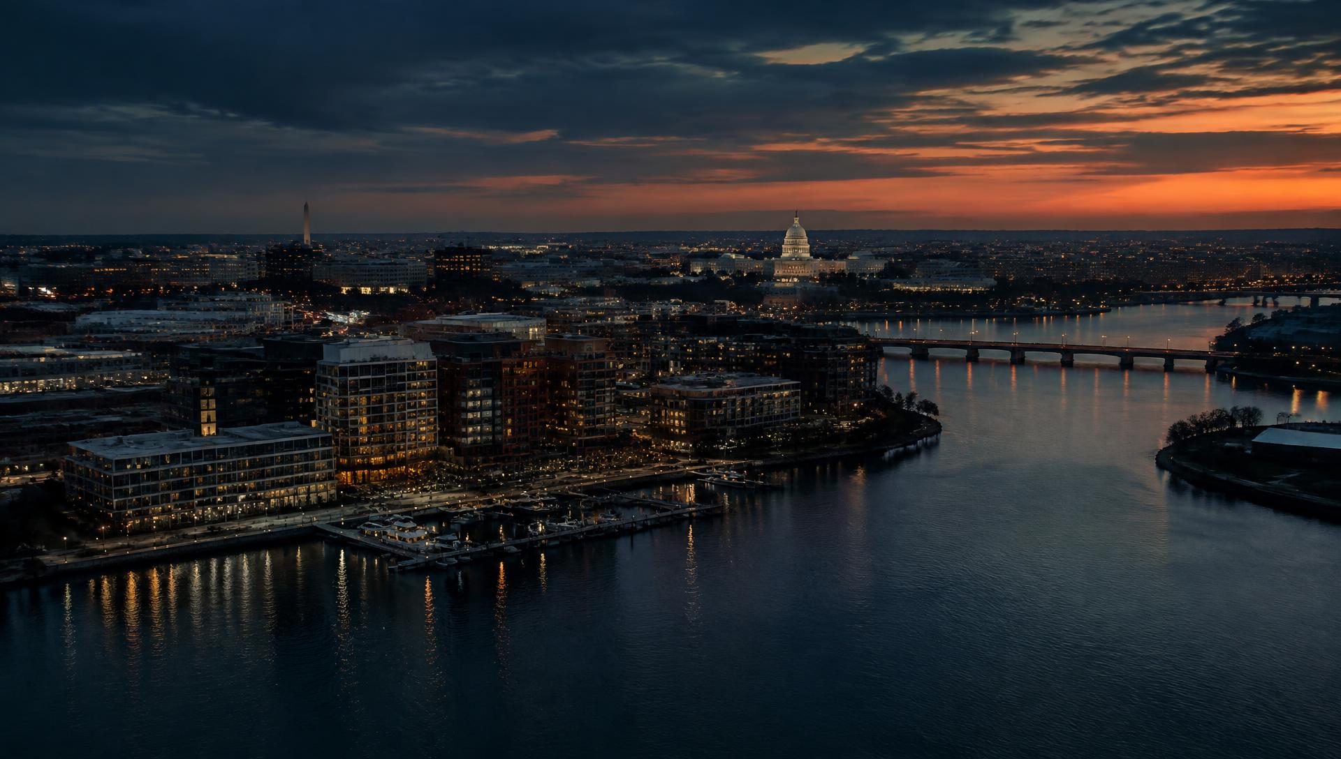Aerial view of the Washington, DC waterfront and the Capitol at dusk